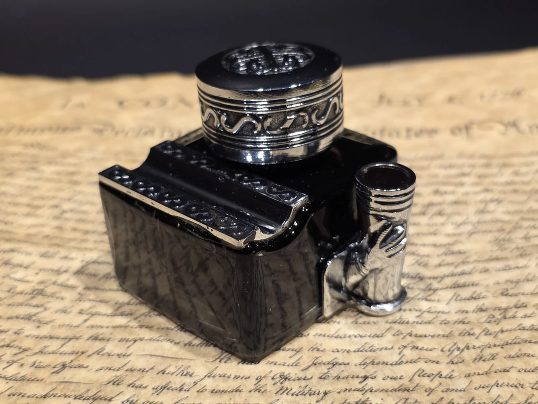 5" Glass inkwell Pen Rest Filled with 1.75 oz Black ink - 7