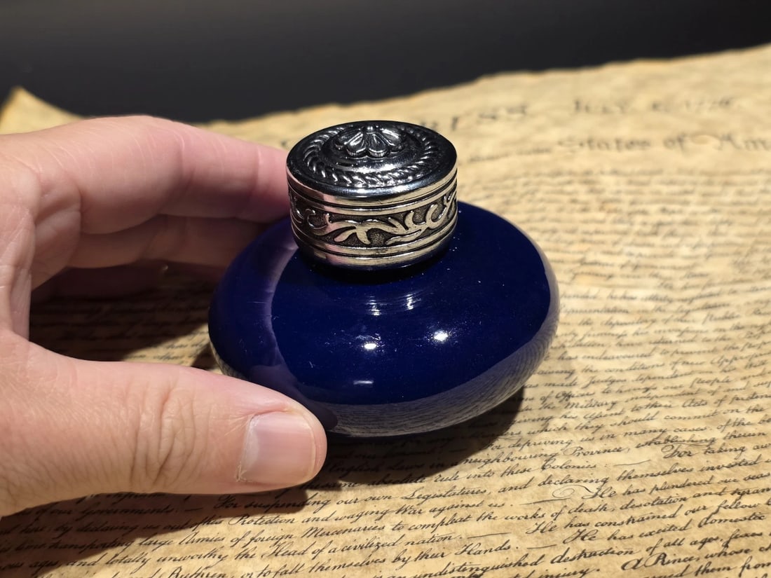 3" Cobalt Blue Ceramic inkwell inkpot With Silver Metal Screw Lid - 2