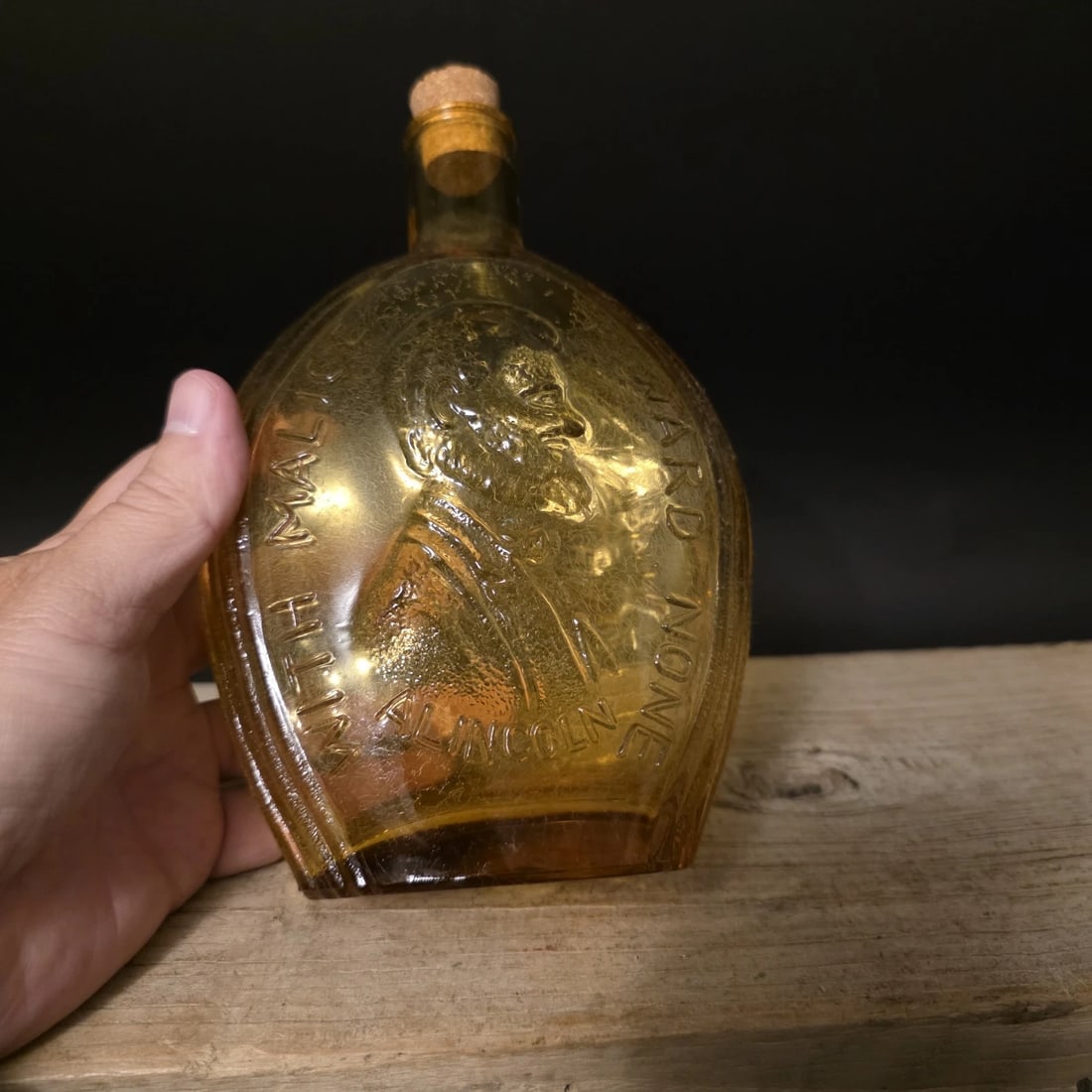 8" Amber Glass Abraham Lincoln Decanter Flask Bottle - 3