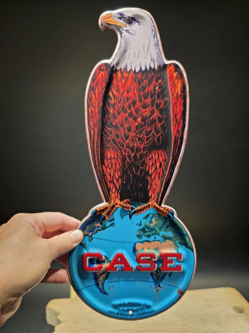 16" Vintage Style Case iH Old Abe Metal Sign Die Cut Eagle on Globe - 2