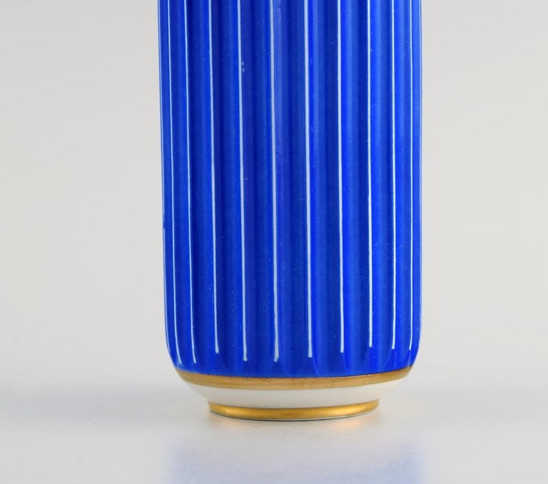 Early blue Lyngby porcelain vase in with gold decoration. Mid 20th century. - 7