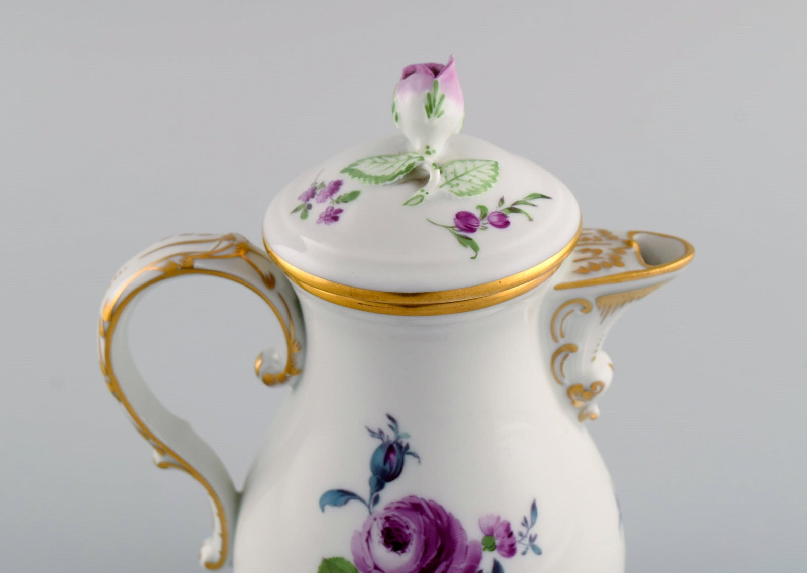 Meissen coffee pot, sugar bowl and cream jug with hand-painted flowers and gold decoration. Lids - 7