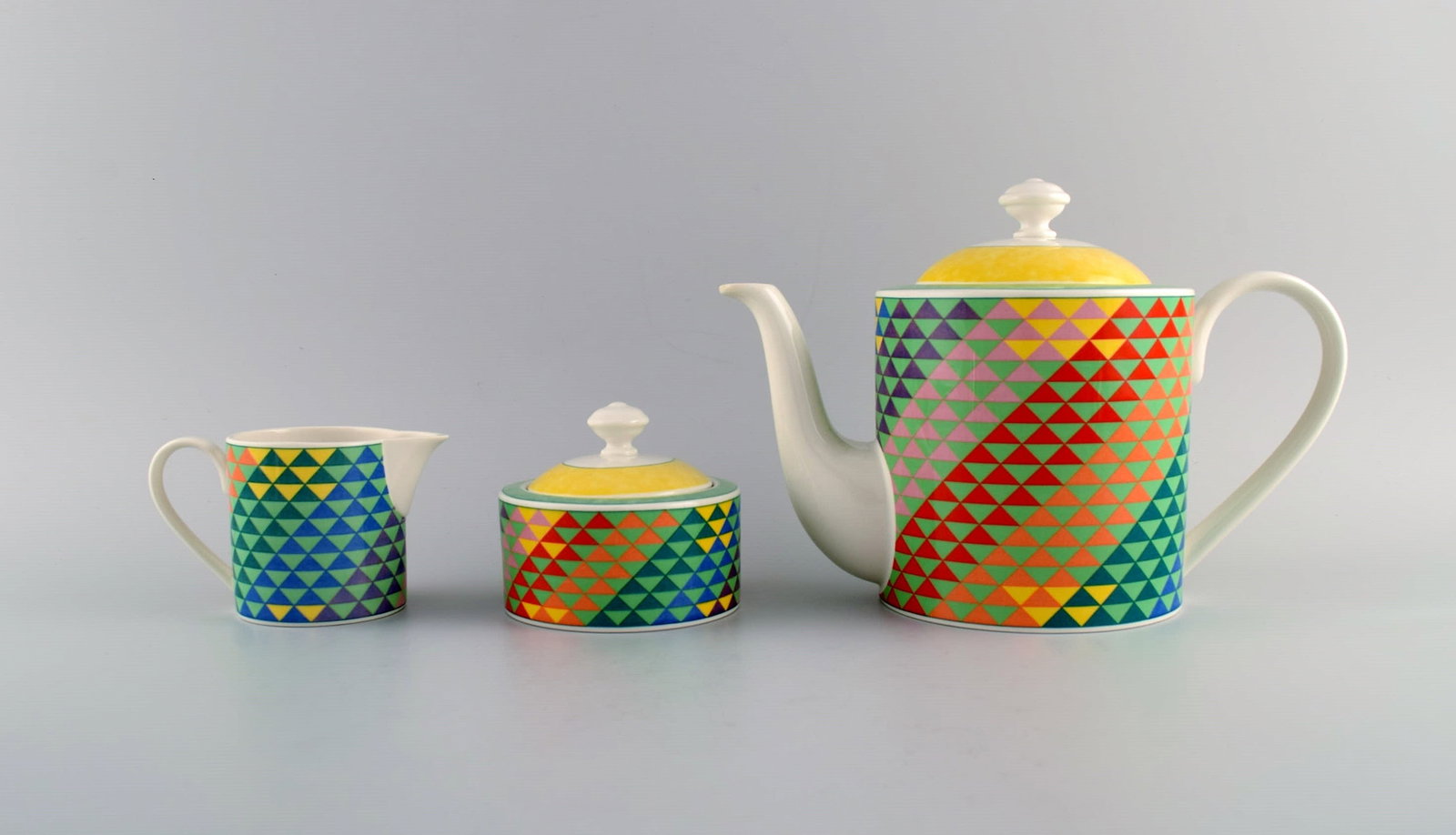 Gallo Design, Germany. Pamplona coffee pot, sugar bowl and creamer. Colorful decoration. Late 20th - 2