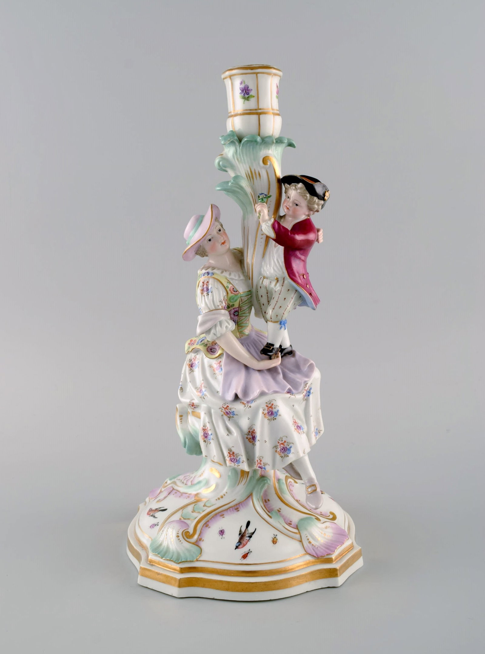 Antique Meissen candlestick in hand-painted porcelain. Mother and boy with flowers. Late 19th - 2