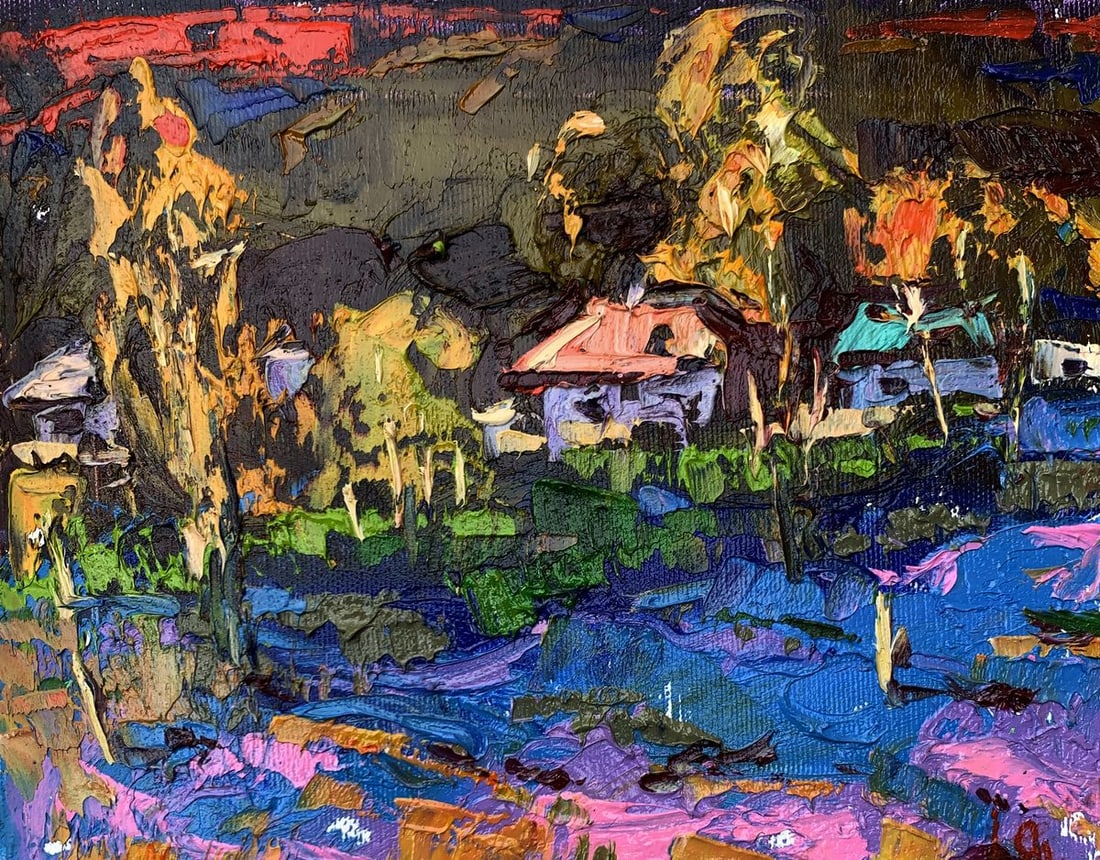 Oil painting Night has come Kalenyuk Alex: Title : Oil painting Night has come Kalenyuk Alex Description: NoAAA3516The painting "Night Has Come" masterfully captures the quiet yet vibrant transition into the nighttime, where the remnants of da