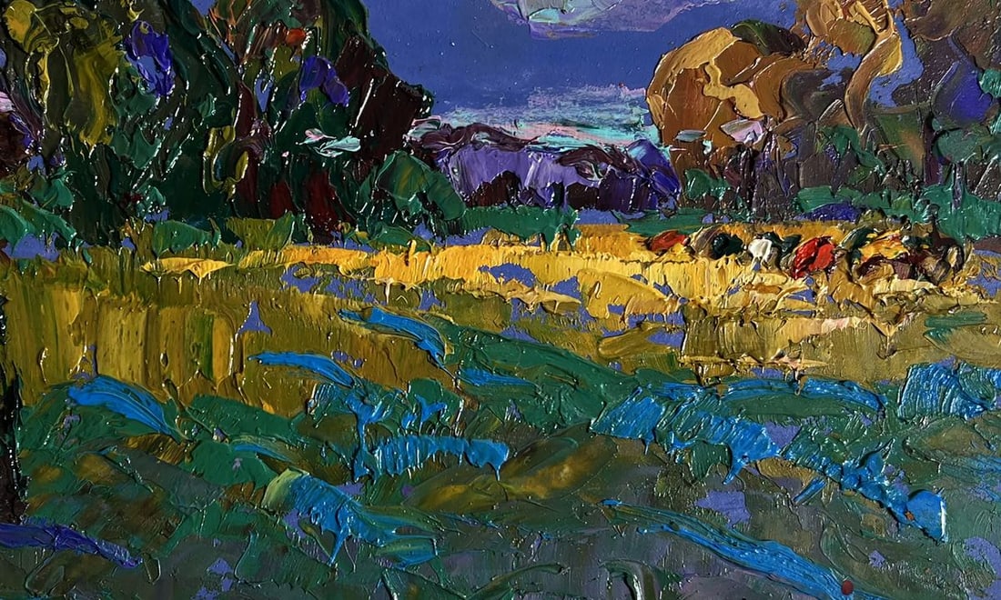 Oil painting Evening rays of the sun Oksana Kalenyuk: Title : Oil painting Evening rays of the sun Oksana Kalenyuk Description: NoAAA3830This oil painting cardboard, titled "Evening rays of the sun", the composition is balanced and layered, guiding the v