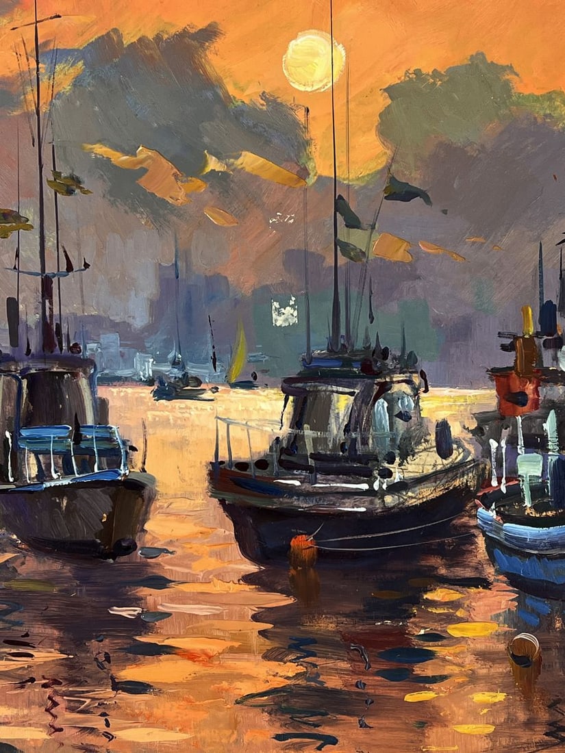 Oil painting Orange Sunset over the boat port Yuriy Suprunchuk - 2