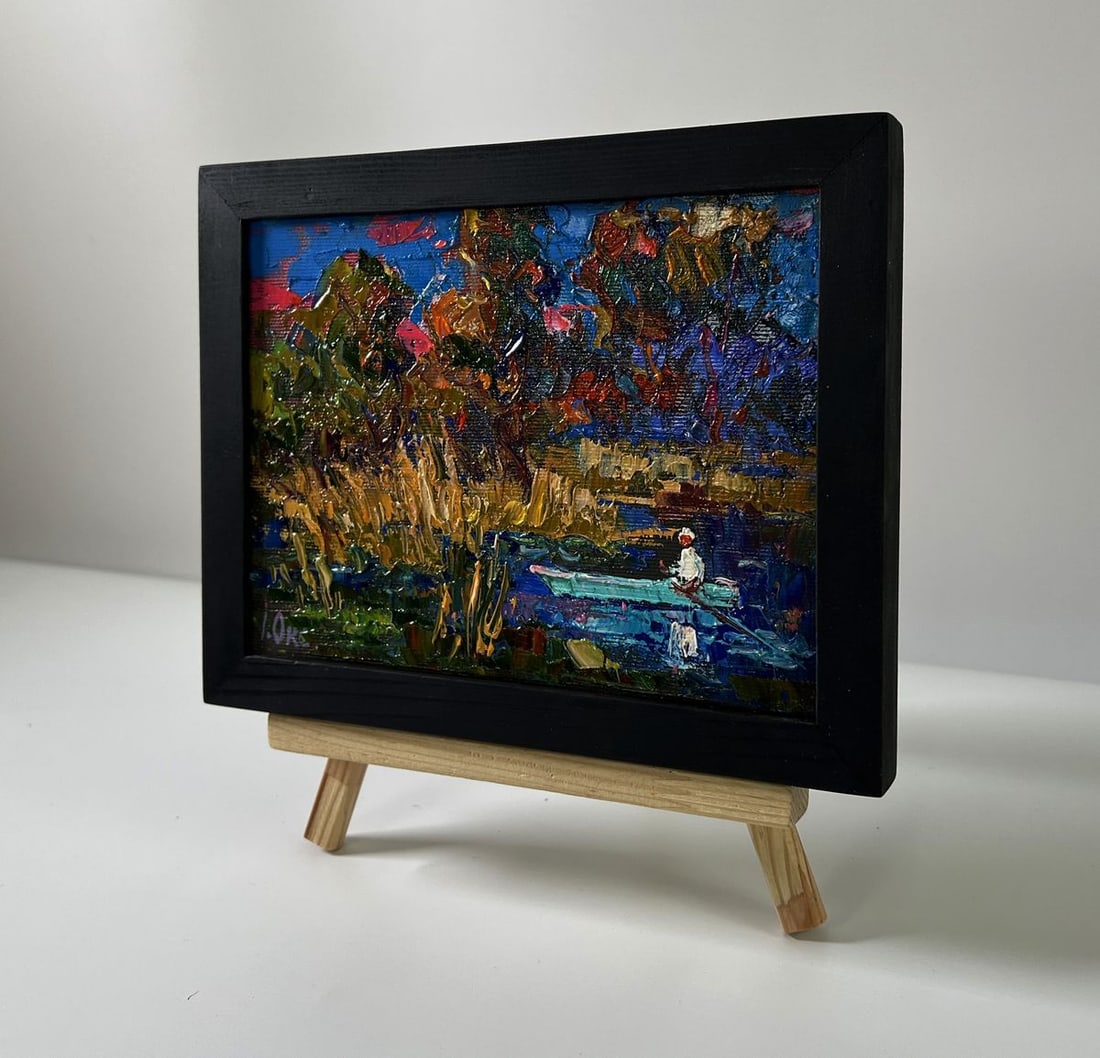 Oil painting Boat in the swamp Oksana Ivanyuk: Title : Oil painting Boat in the swamp Oksana Ivanyuk Description: NoAAA5802The Oil painting Canvas titled "Boat in the swamp" unfolds a vivid and expressive depiction of a tranquil yet mysterious nat