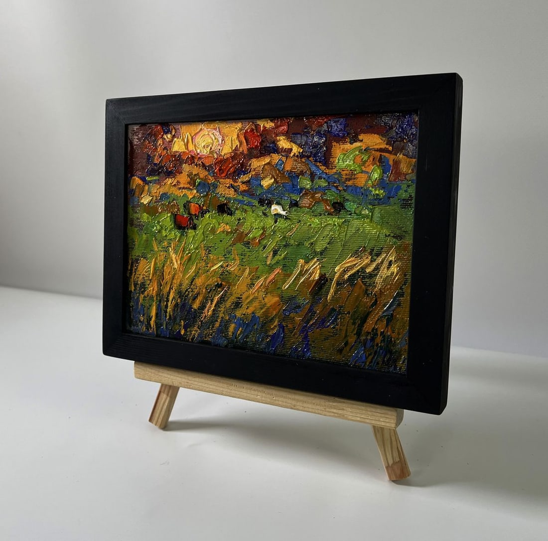 Oil painting Sunset over the meadows Oleksiy Ivanyuk: Title : Oil painting Sunset over the meadows Oleksiy Ivanyuk Description: NoAAA5847The Oil painting Canvas titled "Sunset over the meadows" radiates an atmosphere of warmth, tranquility, and the fleet