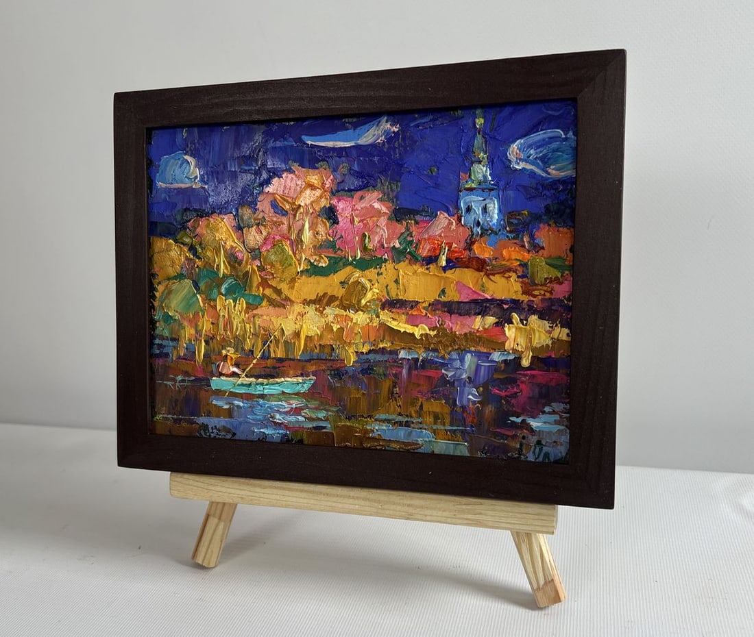 Oil painting Autumn evening by the river Alex Kalenyuk: Title : Oil painting Autumn evening by the river Alex Kalenyuk Description: NoAAA4514The painting "Autumn Evening by the River" immerses the viewer in a world of vivid colors and dynamic textures, cap