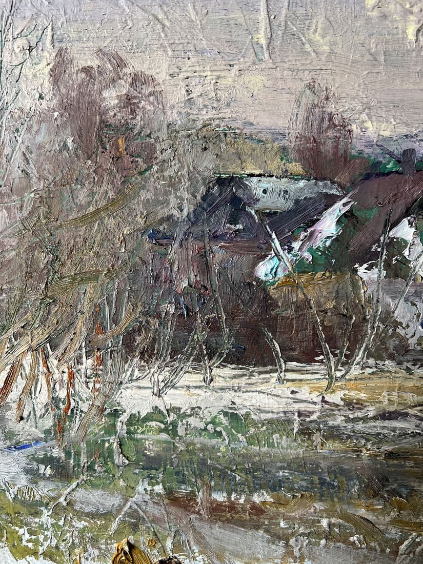 Oil painting December V. Mishurovsky: Title : Oil painting December V. Mishurovsky Description: No147"December" by Viktor Myshurovsky is a beautifully textured painting that captures the serene yet cold atmosphere of a Ukrainian village