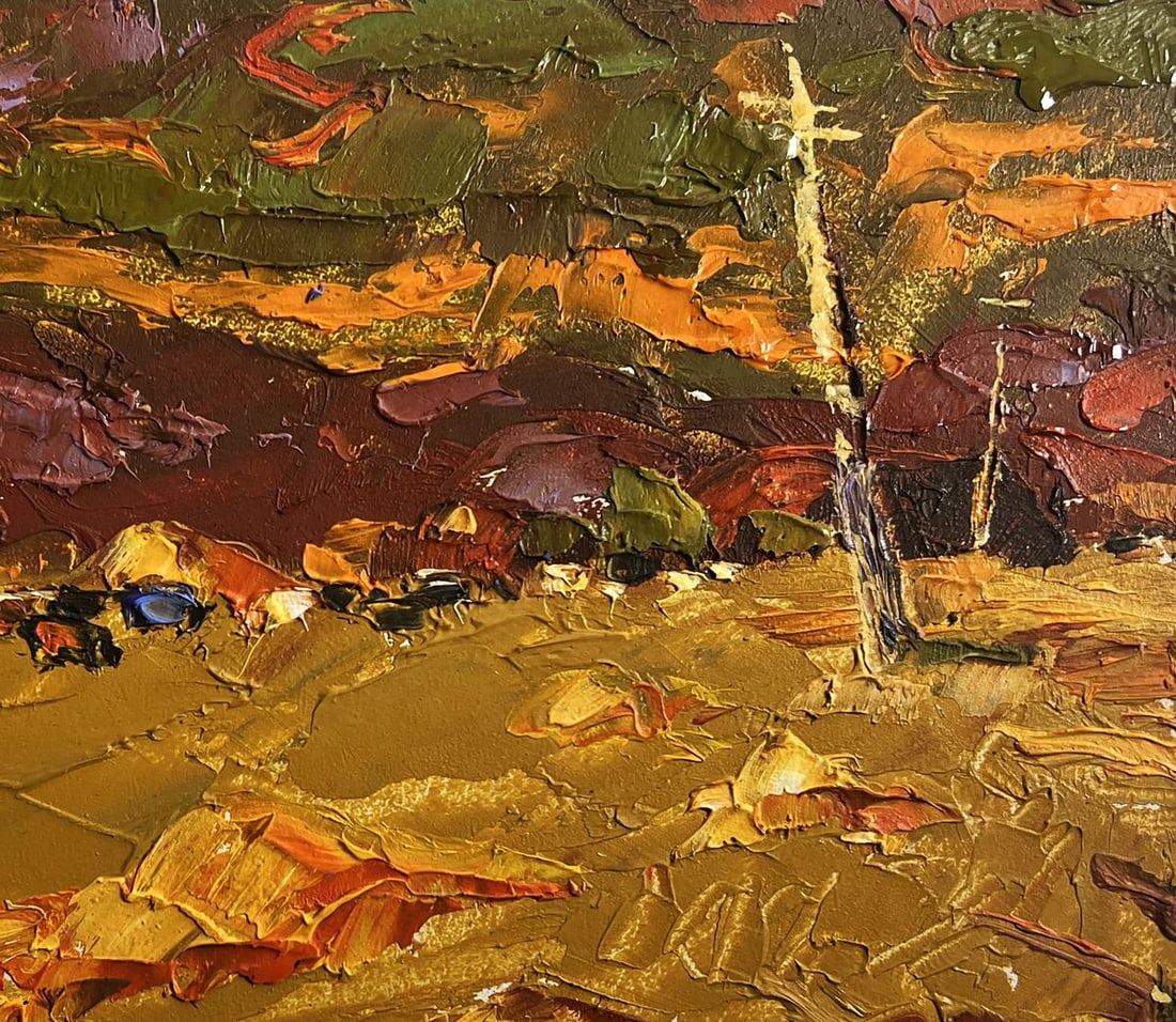 Oil painting Orange sunset over the mountains Alex Kalenyuk: Title : Oil painting Orange sunset over the mountains Alex Kalenyuk Description: NoAAA4092This oil painting cardboard, titled "Orange sunset over the mountains", the artwork is dominated by warm, eart