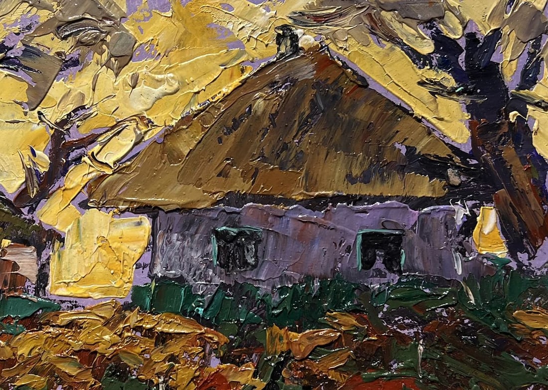 Oil painting Yellow sunset behind houses Alex Kalenyuk - 2