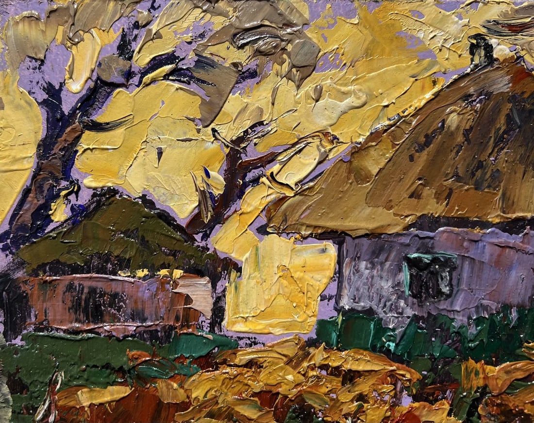 Oil painting Yellow sunset behind houses Alex Kalenyuk - 7