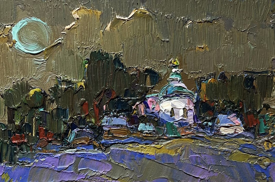 Oil painting Moonlit night in the village Oksana Kalenyuk: Title : Oil painting Moonlit night in the village Oksana Kalenyuk Description: NoAAA4011This oil painting cardboard, titled "Moonlit night in the village", the artist uses an impasto technique, applyi