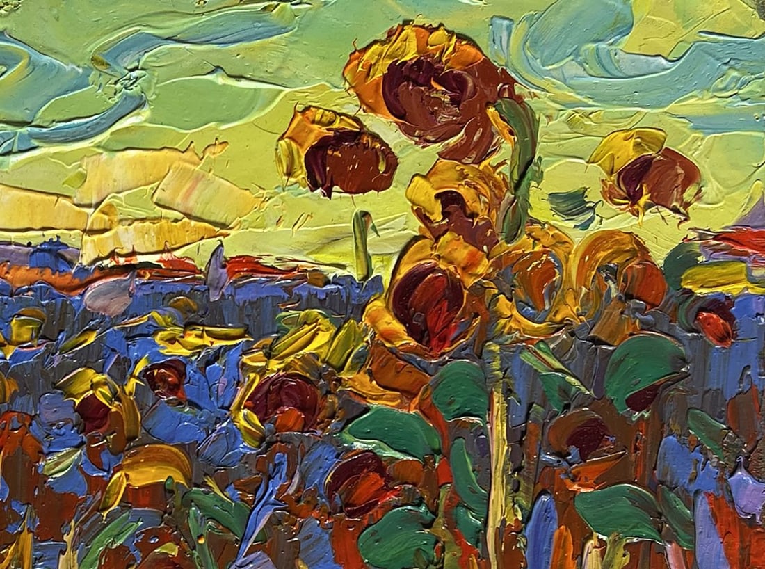 Oil painting Yellow sunset over sunflowers Alex Kalenyuk - 2