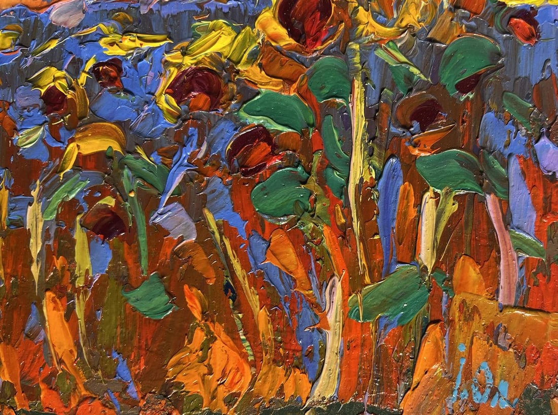 Oil painting Yellow sunset over sunflowers Alex Kalenyuk - 3