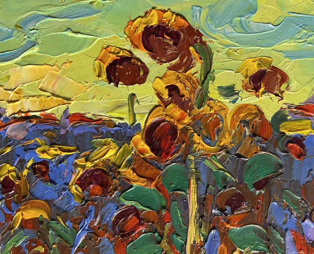 Oil painting Yellow sunset over sunflowers Alex Kalenyuk - 7