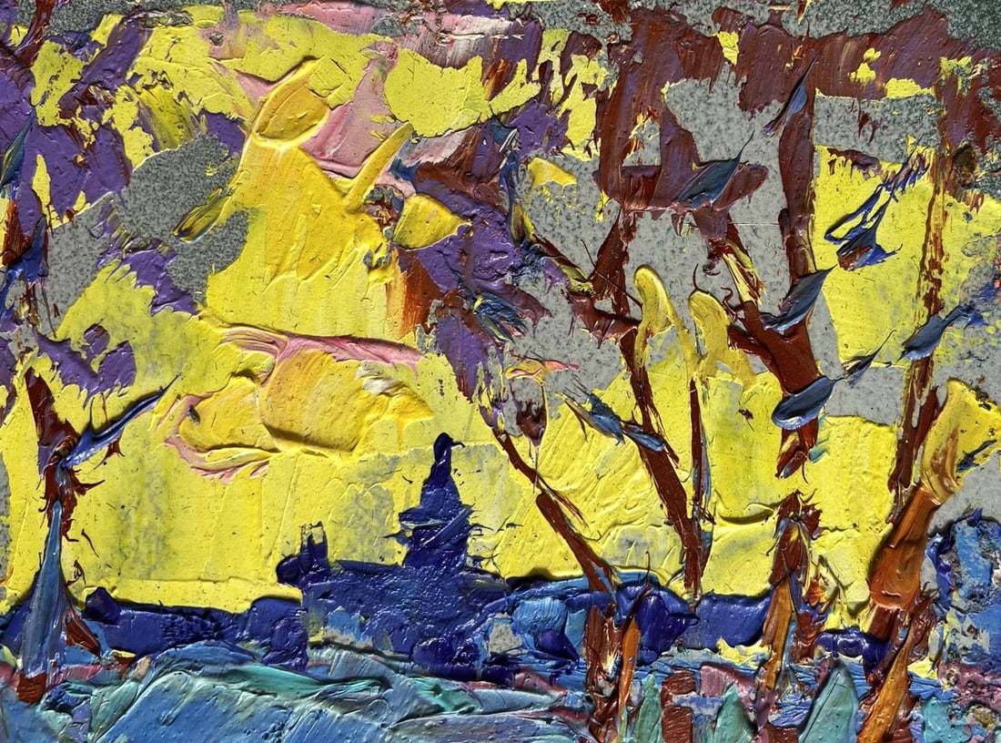 Oil painting Winter evening with yellow sunset Alex Kalenyuk - 6
