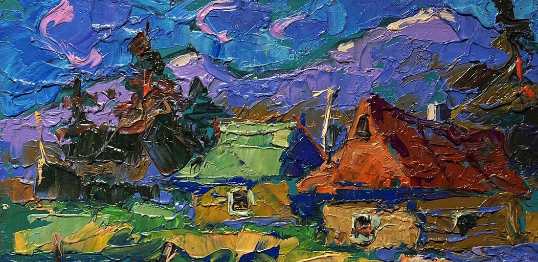 Oil painting Village and blue mountains Alex Kalenyuk - 2