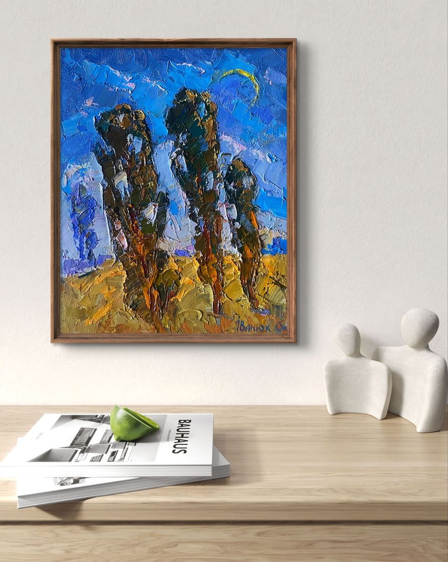 Oil painting On the road Oksana Kalenyuk: Title : Oil painting On the road Oksana Kalenyuk Description: NoKalen 1433The painting "On the Road" portrays a scenic path lined with tall, textured trees, standing against a deep blue sky with a cre