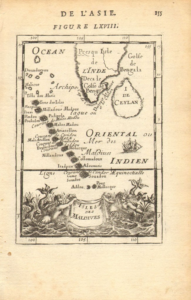 MALDIVES. Male. Atolls. Ceylon (Sri Lanka). Kanyakumari. MALLET 1683 old map: Title: MALDIVES. Male. Atolls. Ceylon (Sri Lanka). Kanyakumari. MALLET 1683 old map Description: Isles des Maldives' (De L'Asie). The map includes Southern India & Ceylon (Sri Lanka) as well as th