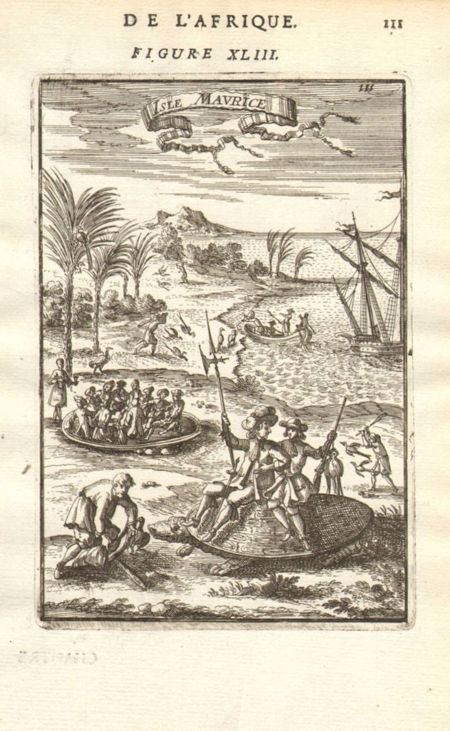 MAURITIUS. Île Maurice. Hunting birds. Riding on giant tortoise. MALLET 1683: Title: MAURITIUS. Île Maurice. Hunting birds. Riding on giant tortoise. MALLET 1683 Description: Isle Maurice' (De L'Afrique) by Mallet, Allain Manesson. Published 1683. Original 17th century cop