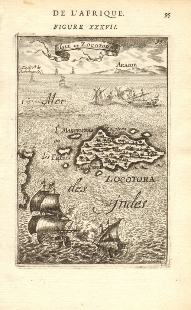 SOCOTRA ISLAND. 'Isle de Zocotora'. Indian Ocean. Bab-el-Mandeb. MALLET 1683 map: Title: SOCOTRA ISLAND. 'Isle de Zocotora'. Indian Ocean. Bab-el-Mandeb. MALLET 1683 map Description: Isle de Zocotora' (De L'Afrique). Shows a naval engagement between two galleys by Mallet, Allain Ma