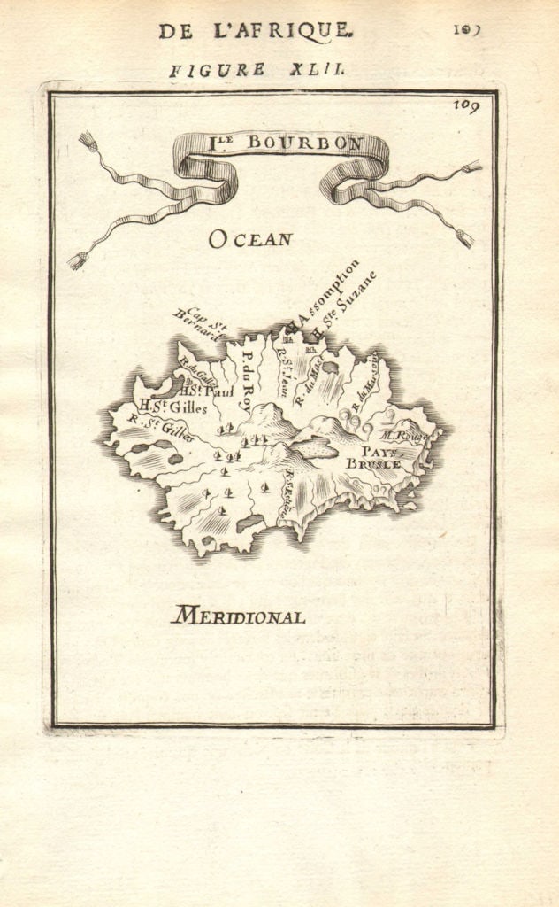 REUNION. Ile Bourbon Réunion Ste-Suzanne St-Paul. Indian Ocean. MALLET 1683 map: Title: REUNION. Ile Bourbon Réunion Ste-Suzanne St-Paul. Indian Ocean. MALLET 1683 map Description: Isle Bourbon' (De L'Afrique) by Mallet, Allain Manesson. Published 1683. Original 17th century 