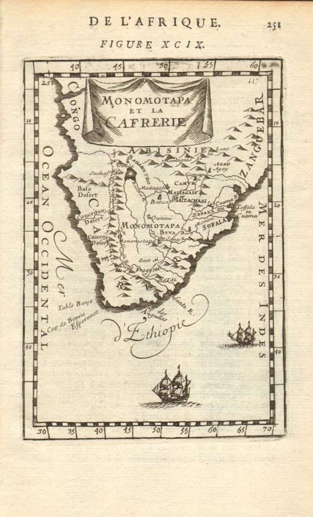SOUTHERN AFRICA Monomotapa (Mutapa Kingdom) Cafrerie (Kaffraria) MALLET 1683 map: Title: SOUTHERN AFRICA Monomotapa (Mutapa Kingdom) Cafrerie (Kaffraria) MALLET 1683 map Description: Monomotapa et la Cafrerie' (De L'Afrique). The map extends from a line across Africa from the Congo