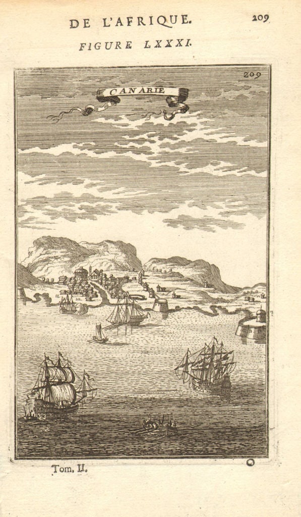 CANARY ISLANDS. View of Las Palmas de Gran Canaria. 'Canarie'. MALLET 1683: Title: CANARY ISLANDS. View of Las Palmas de Gran Canaria. 'Canarie'. MALLET 1683 Description: Canarie' (De L'Afrique). The title of the print names the city as "Canarie". The island shown as "Canarie