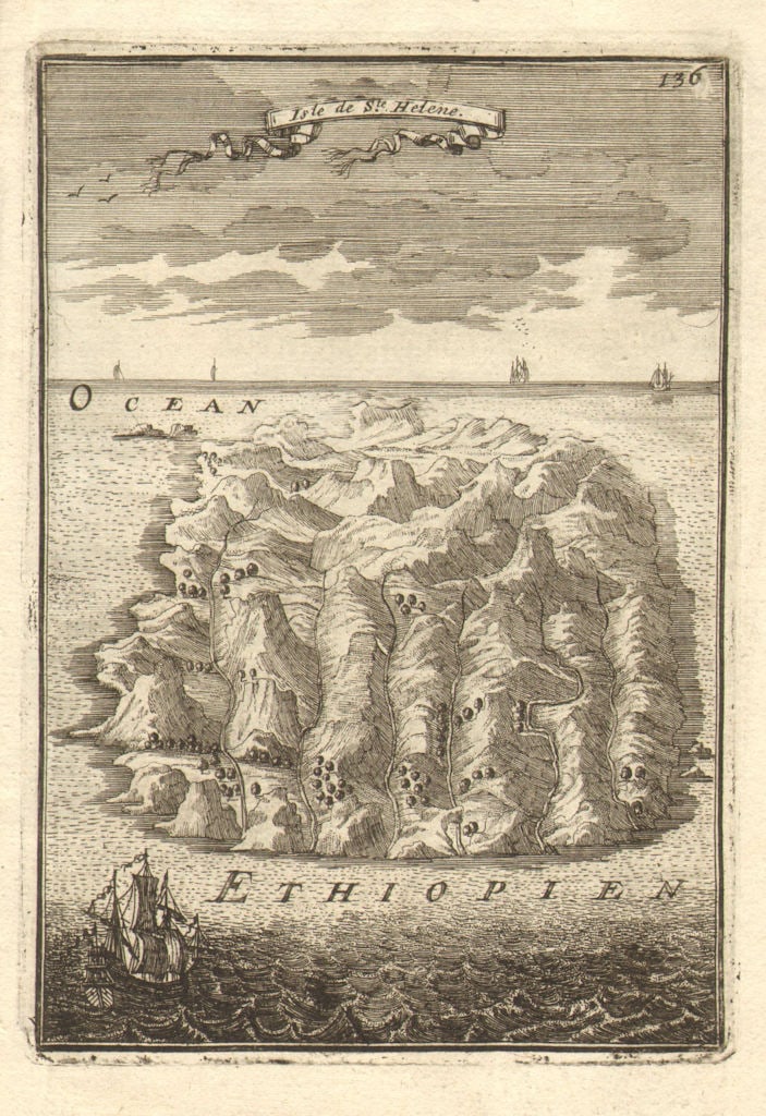 ST HELENA. 'Isle de Ste. Helene'. Valleys ships. South Atlantic. MALLET 1683: Title: ST HELENA. 'Isle de Ste. Helene'. Valleys ships. South Atlantic. MALLET 1683 Description: Isle de Ste. Helene' by Mallet, Allain Manesson. Published 1683. Original 17th century copperplate prin