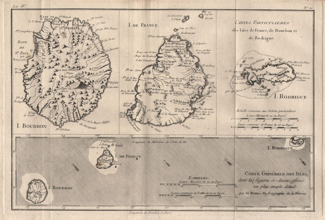 Cartes Particulieres des Isles de France… Réunion Mauritius. BONNE 1780 map: Title: "Cartes Particulieres des Isles de France…" Réunion Mauritius. BONNE 1780 map Description: Cartes Particulieres des Isles de France, de Bourbon et de Rodgrigue'. A map of the Indian 