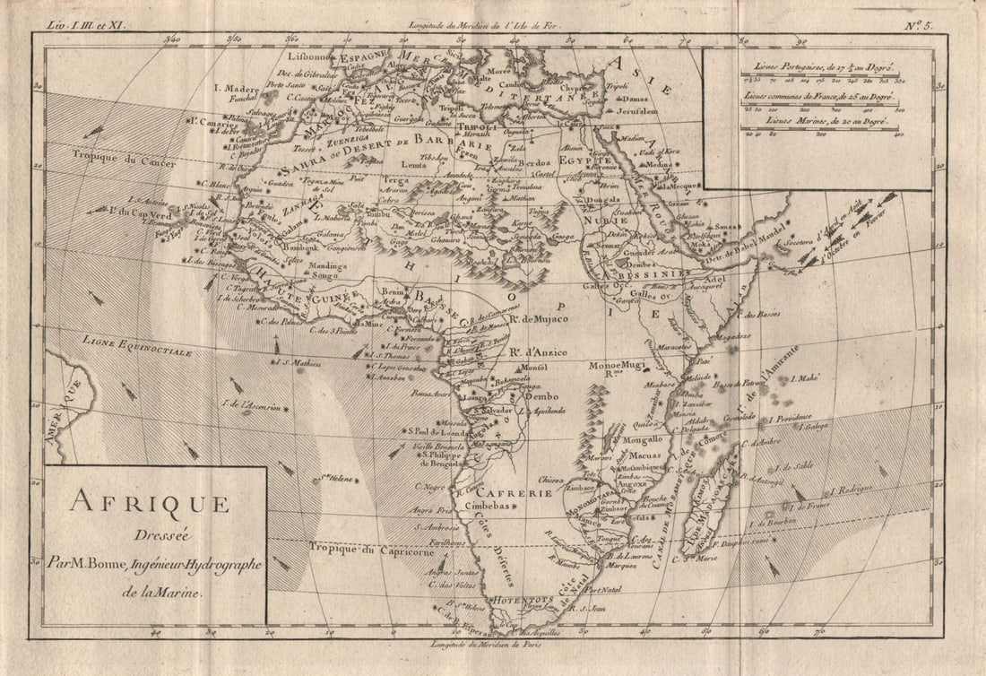 Afrique. Africa, showing the trade winds. BONNE 1780 old antique map chart: Title: "Afrique". Africa, showing the trade winds. BONNE 1780 old antique map chart Description: Afrique'. A map of Africa, showing the trade winds by Bonne, Rigobert. Published 1780. Antique copperpl