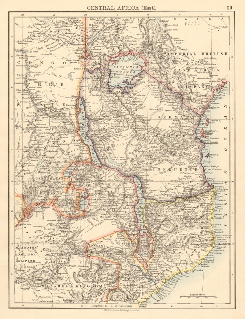 COLONIAL EAST AFRICA German/British/Portuguese East Africa Tanzania 1892 map: Title: COLONIAL EAST AFRICA German/British/Portuguese East Africa Tanzania 1892 map Description: Central Africa (East)'. W. & A.K. Johnston, Limited, Edinburgh & London. Published 1892. Antique colour