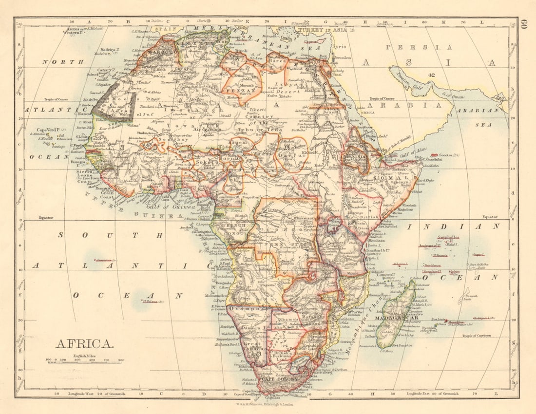 COLONIAL/TRIBAL AFRICA British East/Central/South Africa JOHNSTON 1892 old map: Title: COLONIAL/TRIBAL AFRICA British East/Central/South Africa JOHNSTON 1892 old map Description: Africa'. W. & A.K. Johnston, Limited, Edinburgh & London. Published 1892. Antique colour map. Size 20
