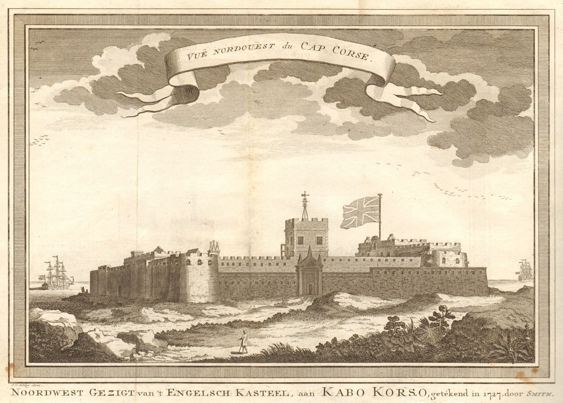 Vue Nord-Ouest du Cap Corse'. Ghana. NW view of Cape Coast Castle. SCHLEY 1748: Title: Vue Nord-Ouest du Cap Corse'. Ghana. NW view of Cape Coast Castle. SCHLEY 1748 Description: Vue Nord-Ouest du Cap Corse [Northwest view of Cape Coast Castle] by Schley, Jakob van der. Published