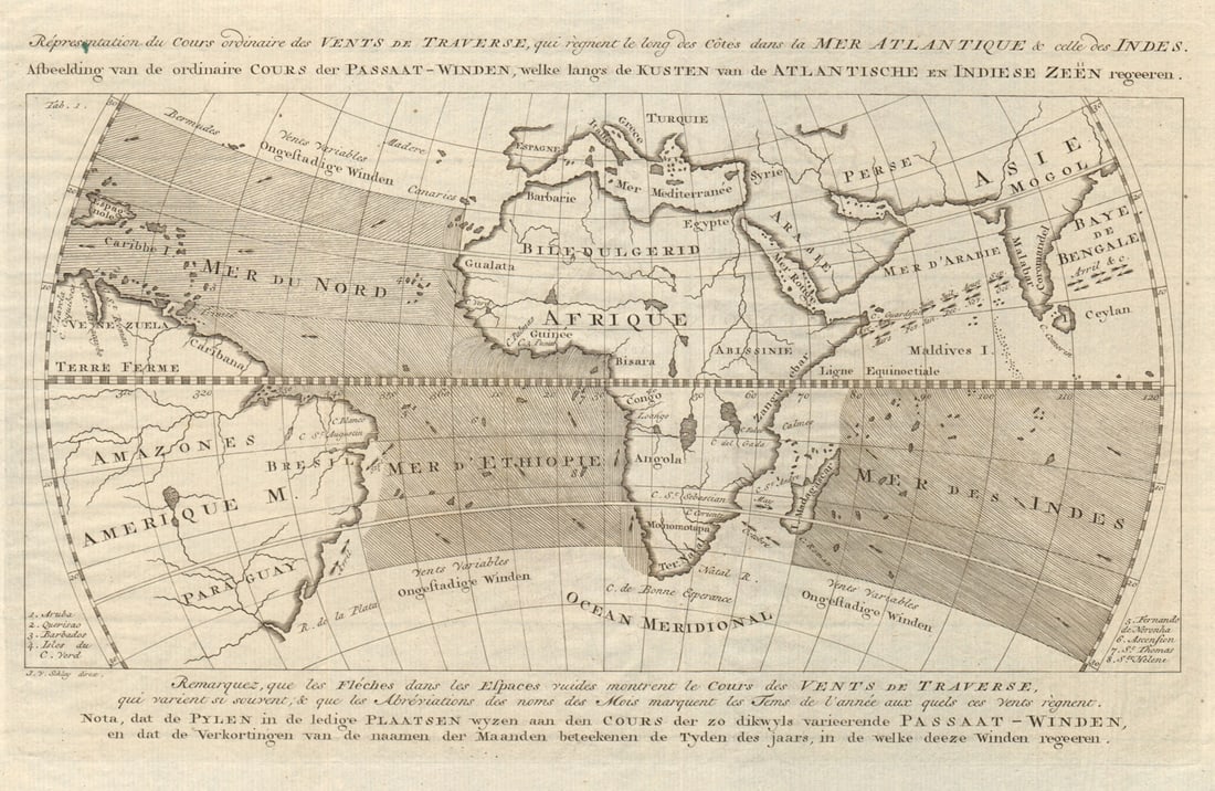 Vents de Traverse. Atlantic & Indian Ocean trade winds BELLIN/SCHLEY 1763 map: Title: Vents de Traverse. Atlantic & Indian Ocean trade winds BELLIN/SCHLEY 1763 map Description: Répresentation du cours ordinaire des Vents de Traverse, qui règnent le long des côtes 