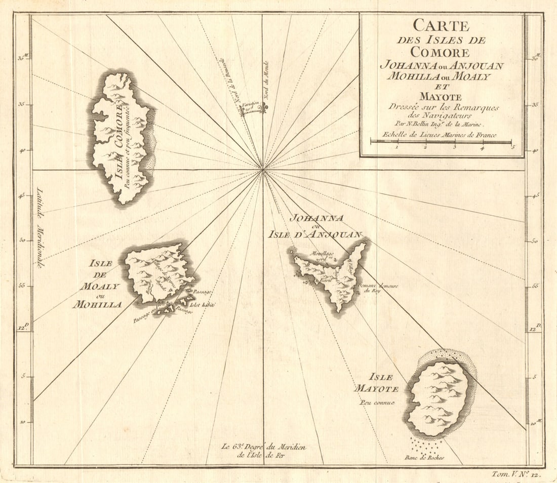 Isles de Comore…'. Anjouan Mayotte Grande Comore Mwali Comoros. BELLIN 1748 map (1 of 1)