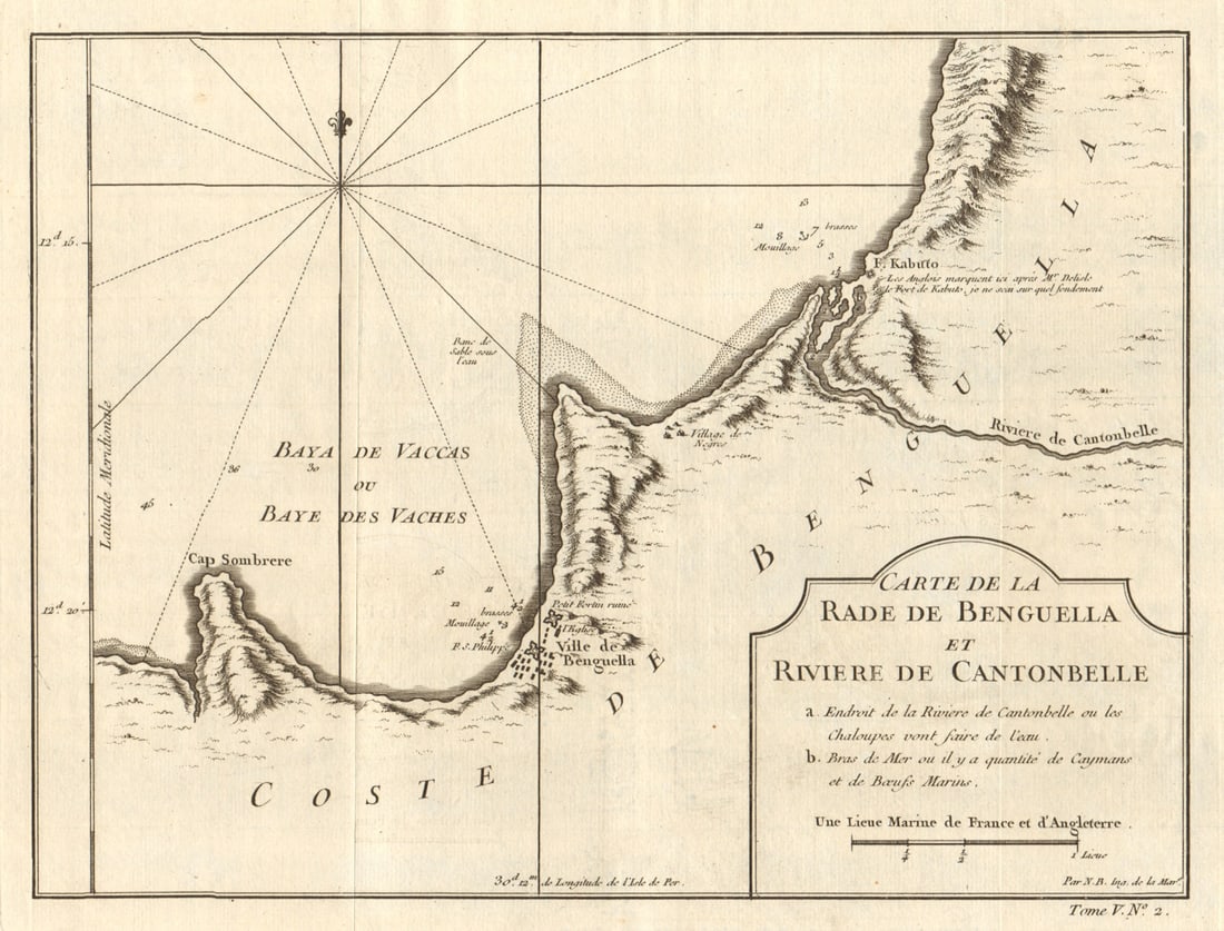 Benguela & riviere de Cantonbelle'. Angola Catumbela Lobito. BELLIN 1748 map: Title: Benguela & riviere de Cantonbelle'. Angola Catumbela Lobito. BELLIN 1748 map Description: Carte de la Rade de Benguela, et Riviere de Cantonbelle [Map of Benguela Bay, and the Catumbela river]