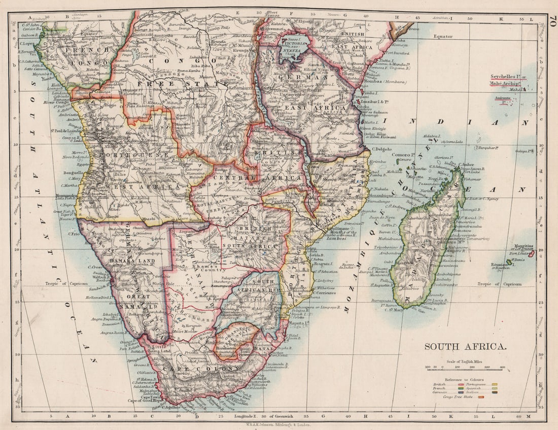COLONIAL SOUTHERN AFRICA. German/British/Portuguese/French. JOHNSTON 1897 map: Title: COLONIAL SOUTHERN AFRICA. German/British/Portuguese/French. JOHNSTON 1897 map Description: South Africa'. W. & A.K. Johnston. Published 1897. Antique colour map. Size 20 x 27 cm | 8.0 x 10.5 in