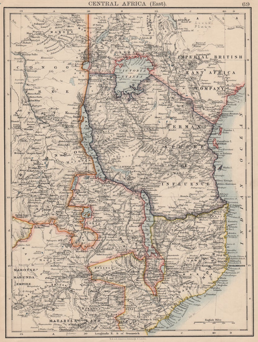 COLONIAL EAST AFRICA. German/British/Portuguese East Africa. Tanzania 1895 map: Title: COLONIAL EAST AFRICA. German/British/Portuguese East Africa. Tanzania 1895 map Description: Central Africa (East)'. W. & A.K. Johnston, Limited, Edinburgh & London. Published 1895. Antique colo