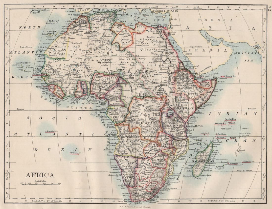 COLONIAL AFRICA. British East/Central/South Africa. Bechuanaland 1900 old map: Title: COLONIAL AFRICA. British East/Central/South Africa. Bechuanaland 1900 old map Description: Africa'. W. & A.K. Johnston, Limited, Edinburgh & London. Published 1900. Antique colour map. Size 20 