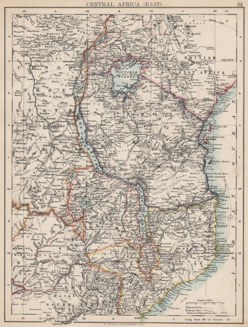 COLONIAL EAST AFRICA. German/British/Portuguese East Africa. Tanzania 1903 map: Title: COLONIAL EAST AFRICA. German/British/Portuguese East Africa. Tanzania 1903 map Description: Central Africa (East)'. W. & A.K. Johnston, Limited, Edinburgh & London. Published 1903. Antique colo
