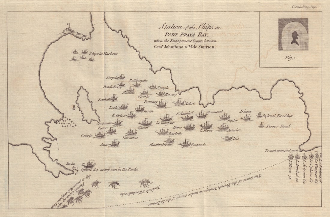 Station of the Ships in Port Praya Bay… Praia, Cape Verde. GENTS MAG 1781 map: Title: Station of the Ships in Port Praya Bay… Praia, Cape Verde. GENTS MAG 1781 map Description: Station of the Ships in Port Praya Bay [in the Island of St. Jago] when the Engagement began bet