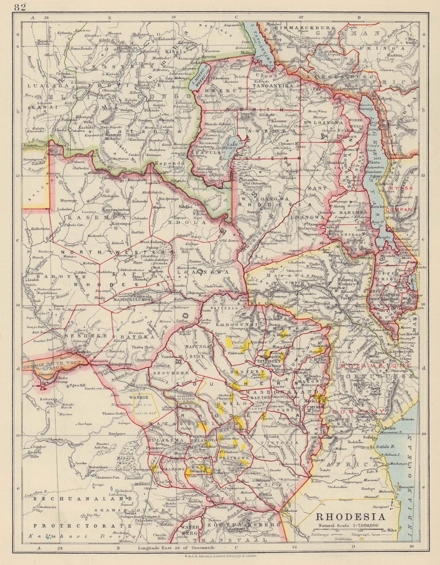 RHODESIA. Goldfields (yellow). Zambesia. Zambia Malawi Zimbabwe 1910 map: Title: RHODESIA. Goldfields (yellow). Zambesia. Zambia Malawi Zimbabwe 1910 map Description: Rhodesia' by Johnston, W & AK. Published 1910. Colour antique map. Size 28 x 22 cm | 11.0 x 8.5 inches.