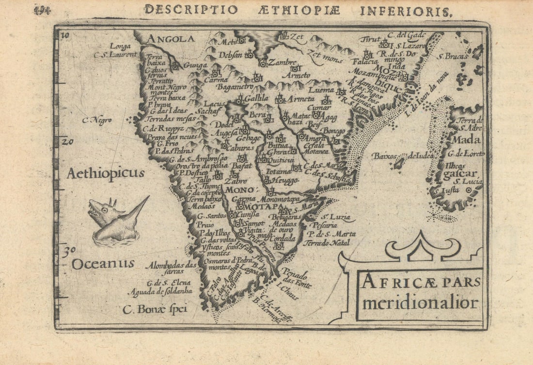 Africae pars meridionalior by Bertius / Langenes. Southern Africa 1603 old map: Title: Africae pars meridionalior by Bertius / Langenes. Southern Africa 1603 old map Description: Descriptio Aethiopiae Inferioris / Africae pars meridionalior [Southern Africa]. Drawn by Petrus Bert