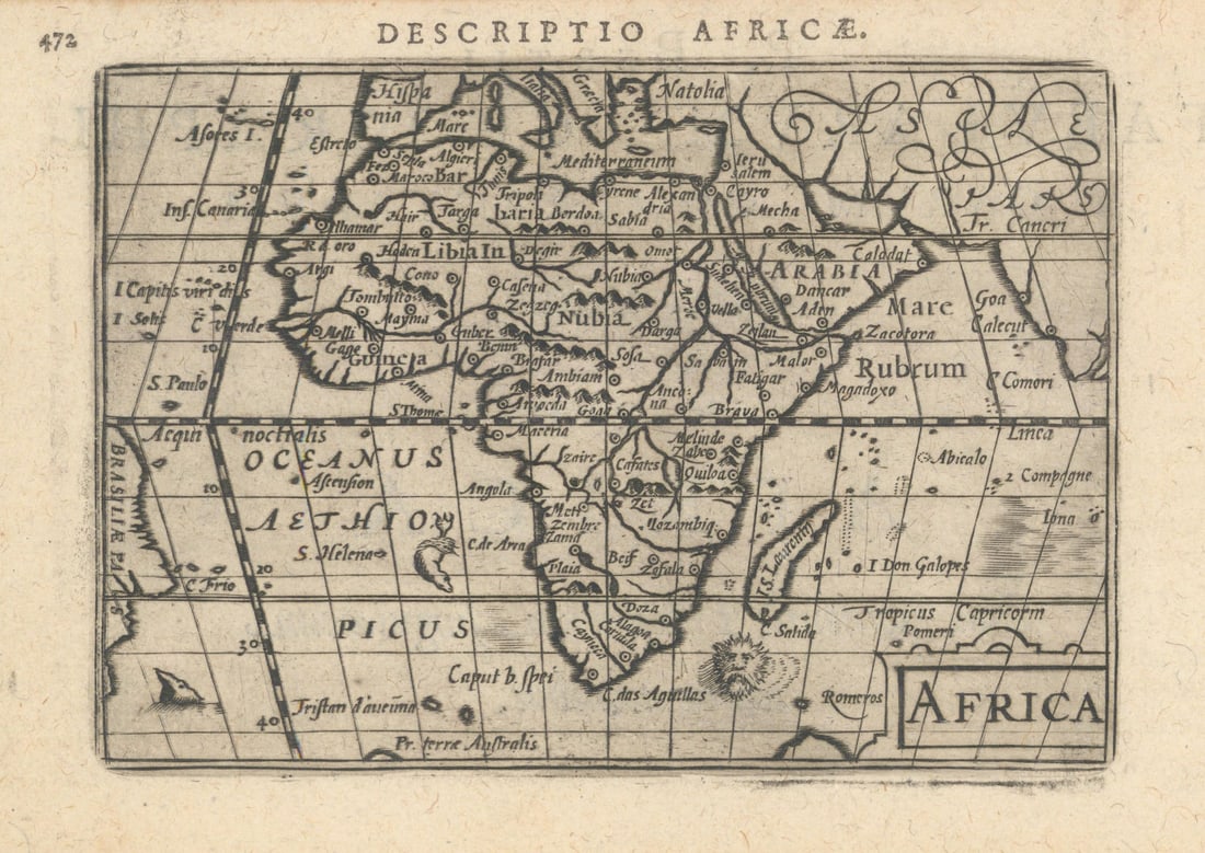 Africae / Africa by Bertius / Langenes 1603 old antique vintage map plan chart: Title: Africae / Africa by Bertius / Langenes 1603 old antique vintage map plan chart Description: Descriptio Africae / Africa'. Drawn by Petrus Bertius, from his Latin edition of Barent Langenes' Cae