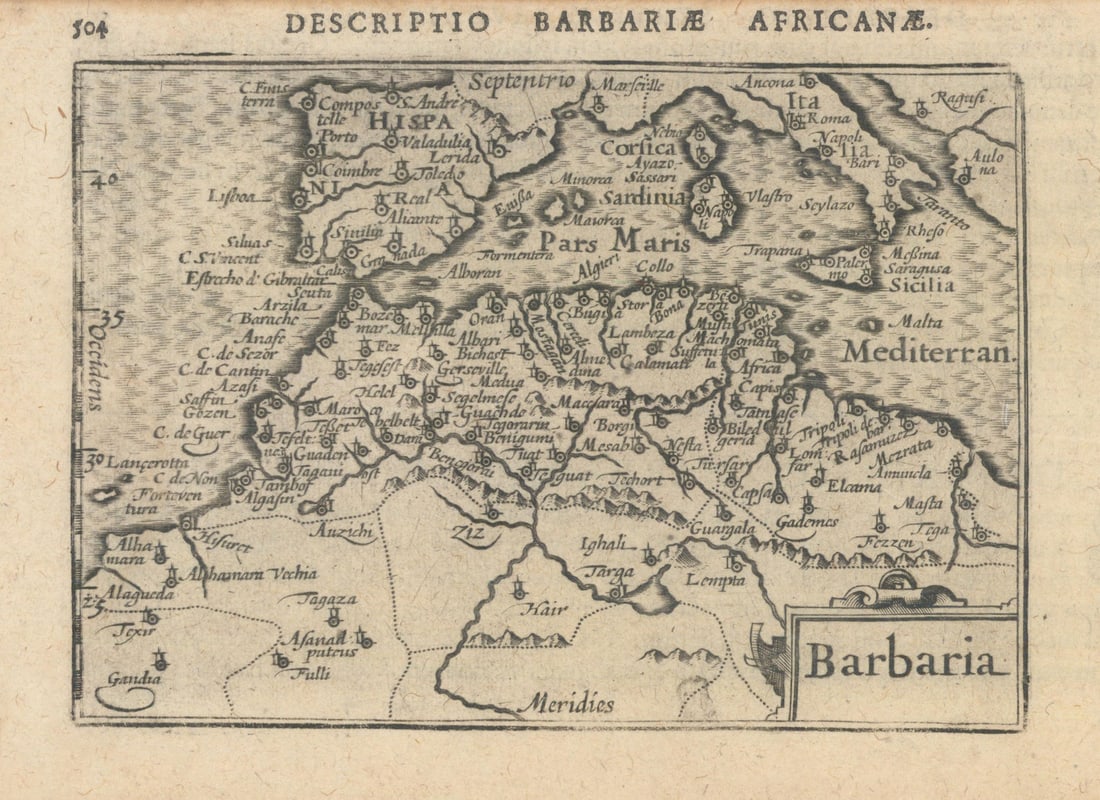 Barbariae Africanae / Barbaria by Bertius/ Langenes. North Africa Spain 1603 map: Title: Barbariae Africanae / Barbaria by Bertius/ Langenes. North Africa Spain 1603 map Description: Descriptio Barbariae Africanae / Barbaria [Barbary or North Africa]. Drawn by Petrus Bertius, from 
