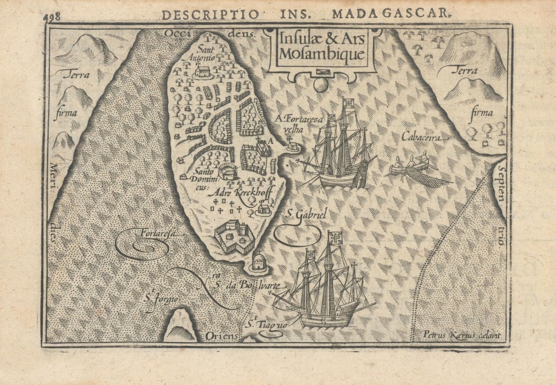 Insulae & Ars Mozambique by Bertius / Langenes. Mozambique Island 1603 old map: Title: Insulae & Ars Mozambique by Bertius / Langenes. Mozambique Island 1603 old map Description: Descriptio Ins. Madagascar / Insulae & Ars Mozambique [The Island of Mozambique]. Drawn by Petrus